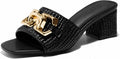 Womens Raffia Slide Sandals Chunky Block Heel - Dressy Chain Accent