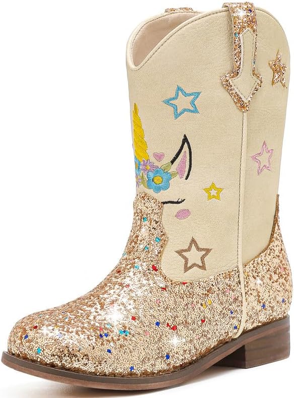 Unicorn Girls Cowgirl Boots Mid Calf Square Toe Glitter Toddler