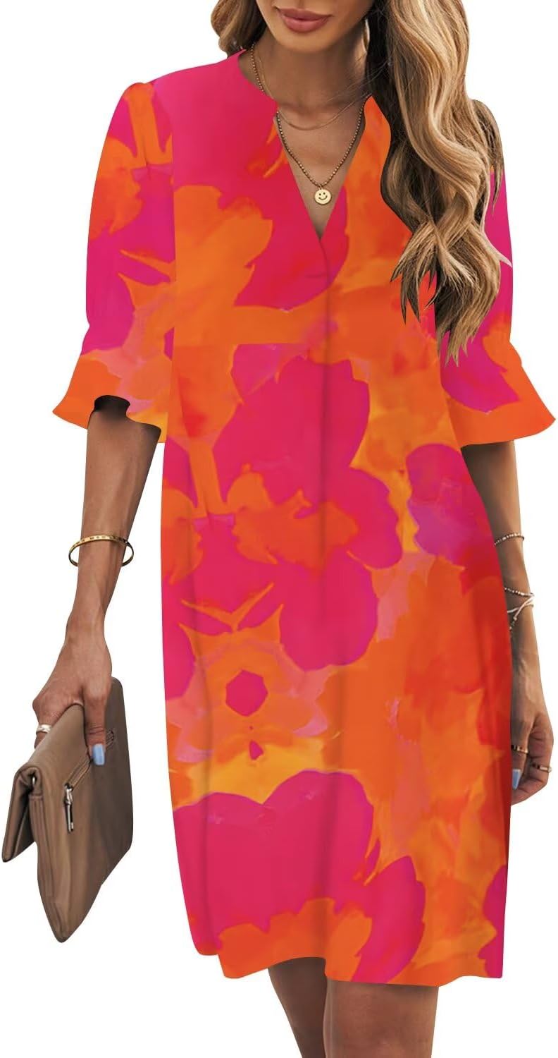 Wkior Shift Dress for Women V Neck Short Sleeves Casual Style