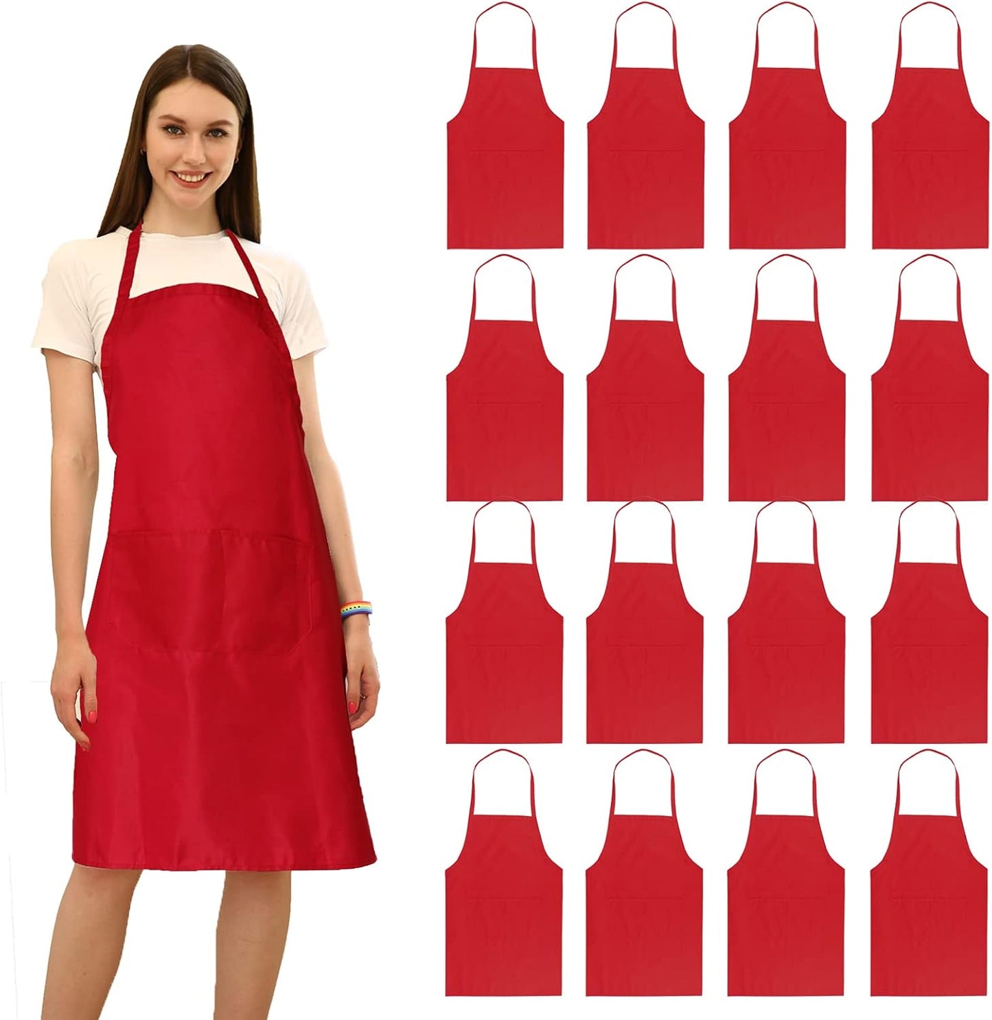 16 Pack Red Bib Aprons with Pockets for Cooking and Crafting