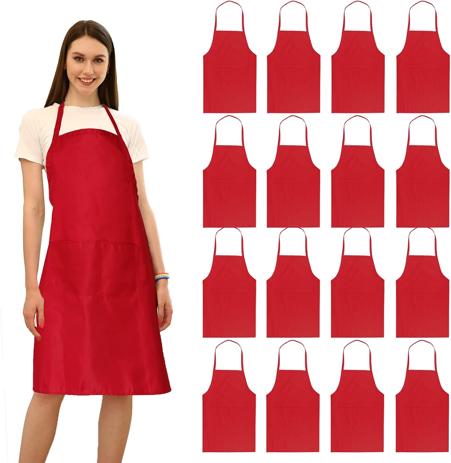 16 Pack Red Bib Aprons with Pockets for Cooking and Crafting