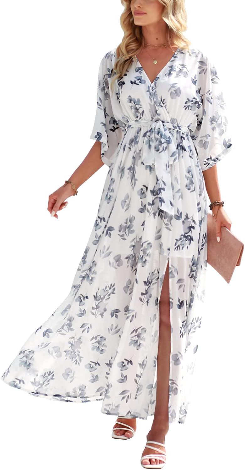 Womens Summer Loose Boho Flowy Wrap V Neck Maxi Dresses