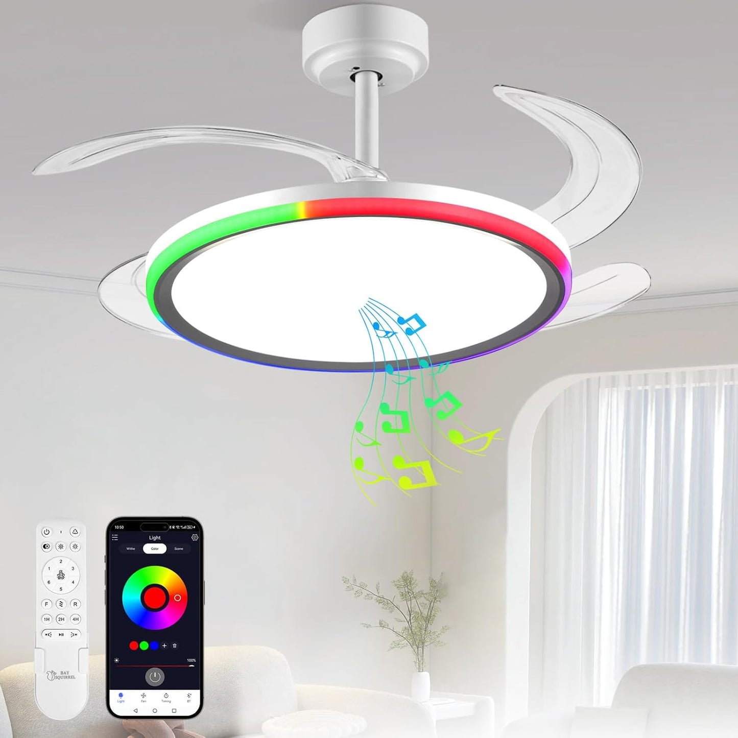 BAYSQUIRREL Slim RGB Retractable Ceiling Fan with Light Control