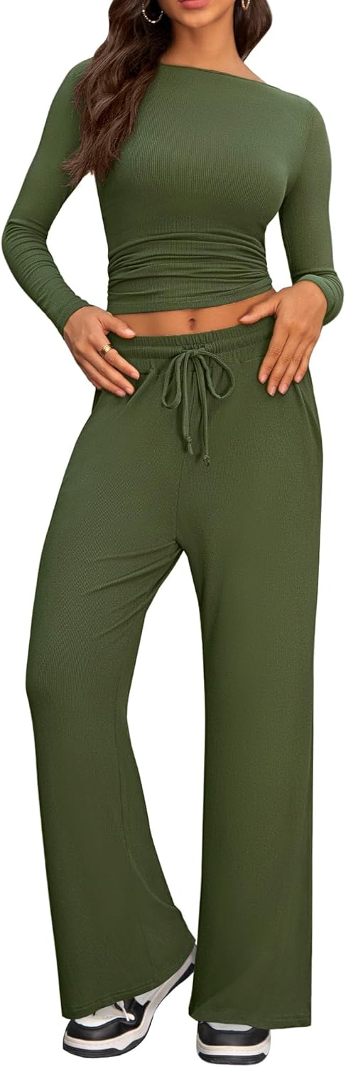 Cozy 2 Piece Lounge Sets for Women, Chic Ruched Top & Pants