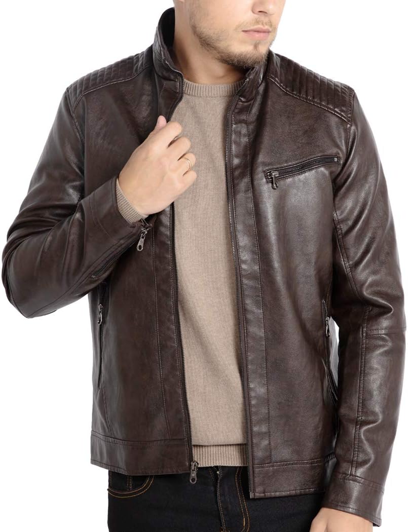 WULFUL Men's Stand Collar Leather Jacket for All Seasons Wear