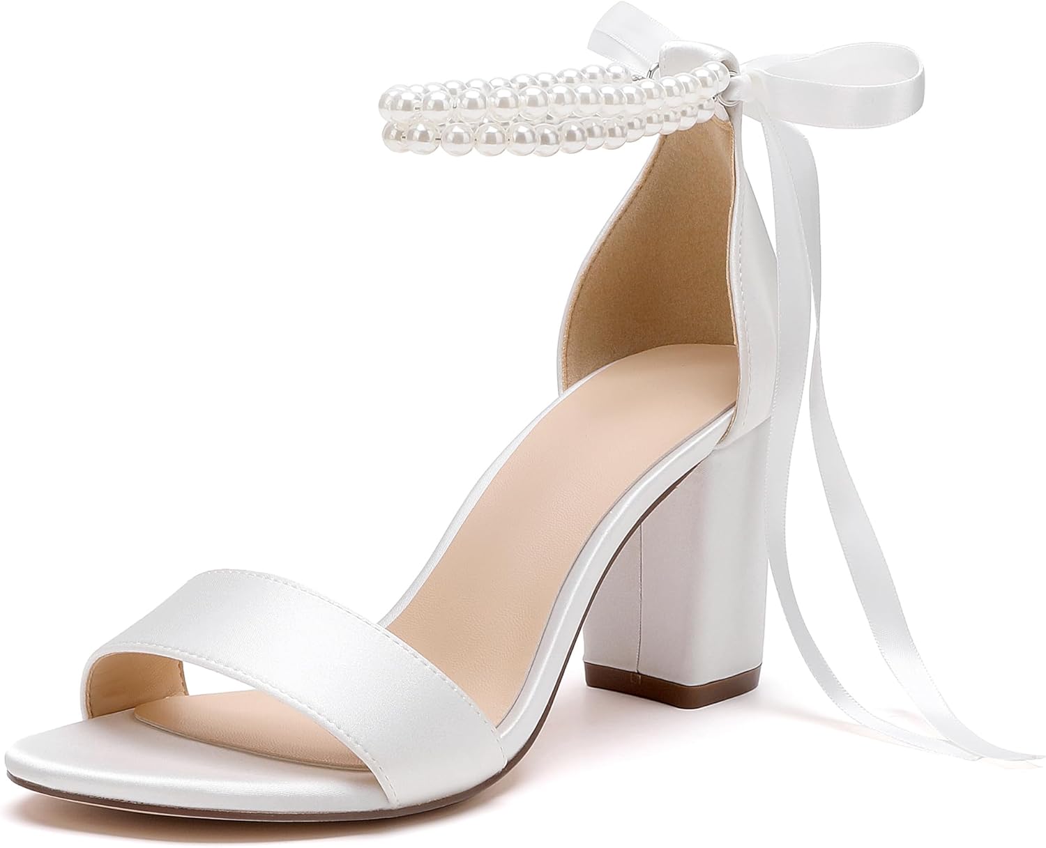 Women's Open Toe Pearl Wedding Shoes with Chunky Heels for Brides