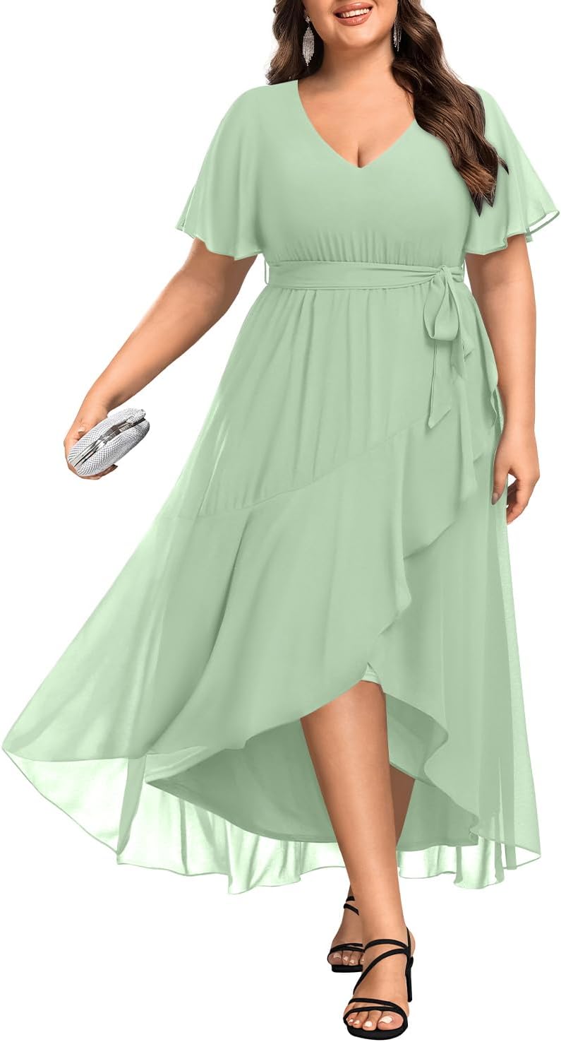 Womens Plus Size Long Dress Chiffon High Low Split Ruffle Evening