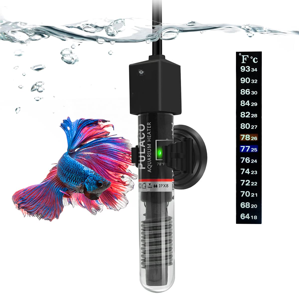 PULACO 25W Betta Heater + Thermometer Strip - Perfect for Small Tanks! 