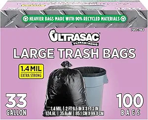 Ultrasac 33 Gallon Trash Bags - Heavy Duty 100 Pack for Home