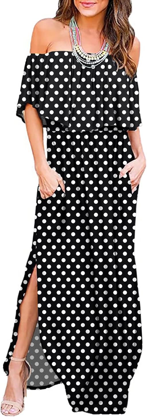 LILBETTER Womens Off The Shoulder Ruffle Maxi Dress for Parties