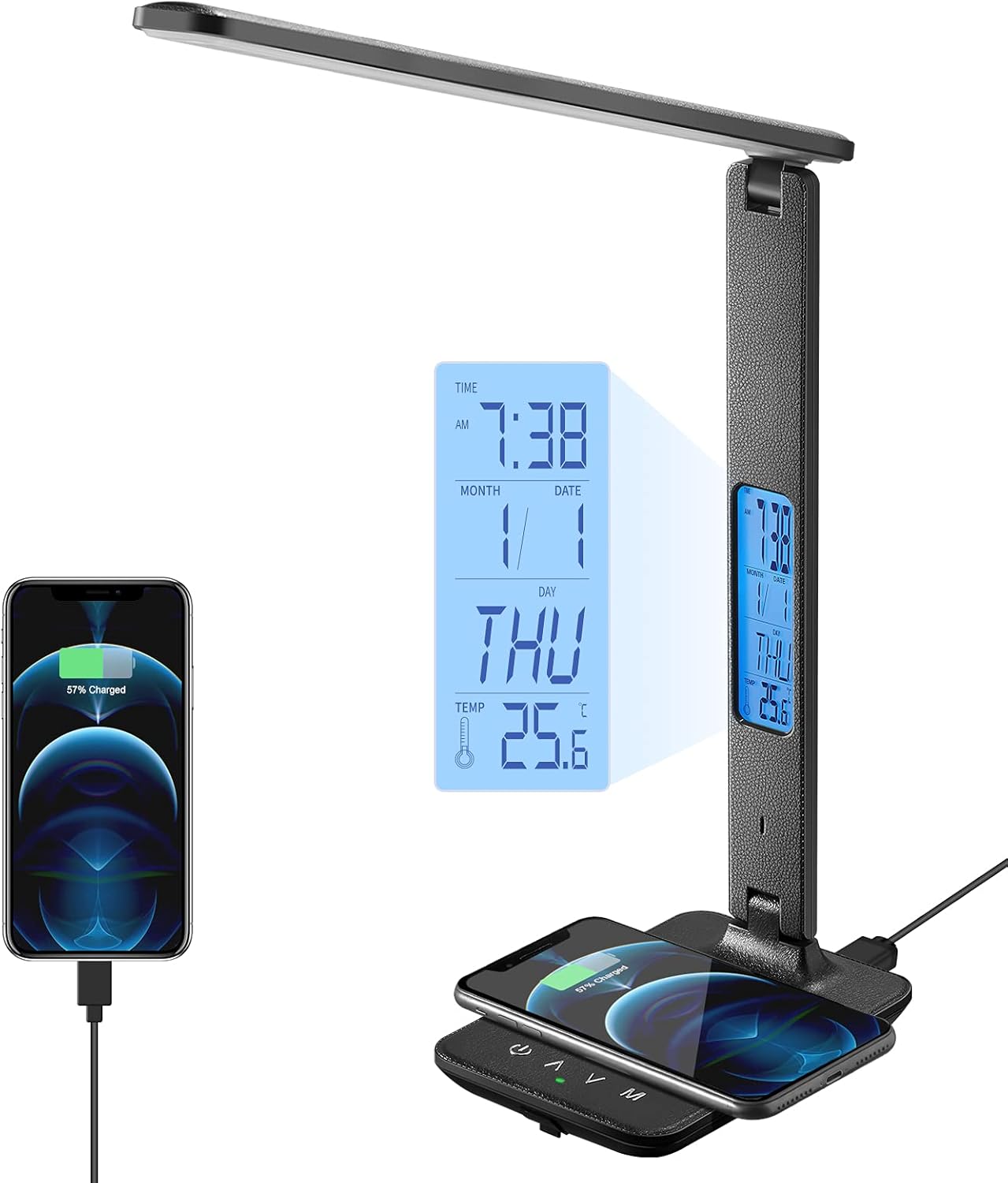poukaran LED Desk Lamp with Wireless Charger & Clock