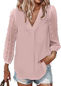 Samefar Women's V Neck Swiss Dot Chiffon Blouse - Casual Pom Pom