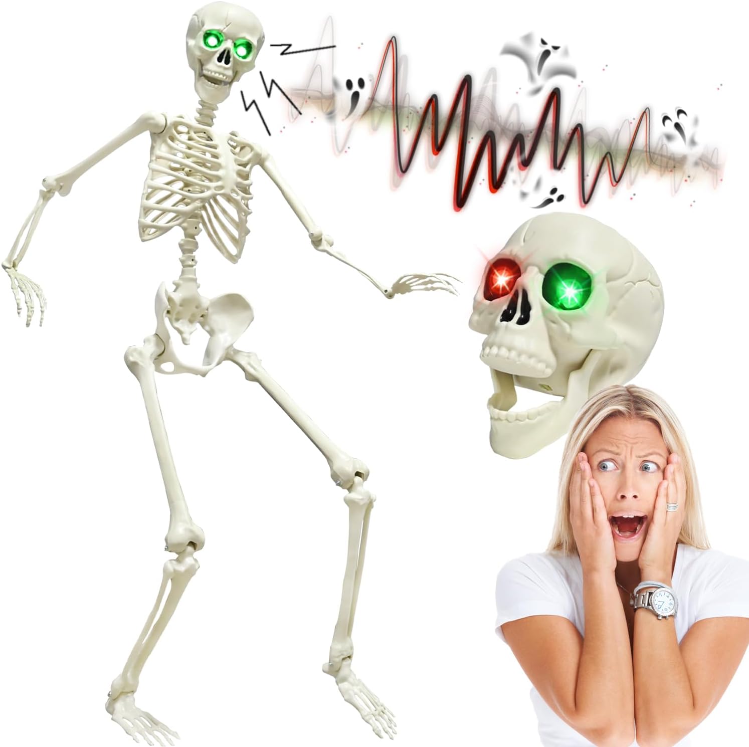 5.4FT Full Size Halloween Skeleton with Glowing Eyes and Sound