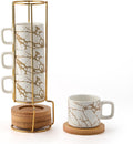 4 Ounce Stackable Porcelain Espresso Cups with Saucer and Metal Stand