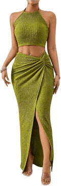Women's 2 Pieces Outfit Textured Halter Crop Top and Twist Front Split