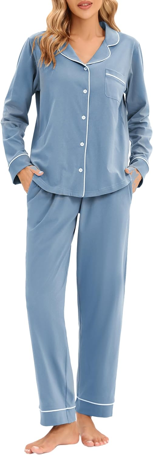 LUBOT 100% Cotton Pajamas for Women - Soft Button-Down Set