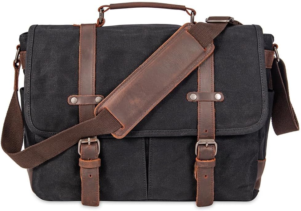 Vintage Genuine Leather Waxed Canvas Briefcase for 15.6 in Laptop