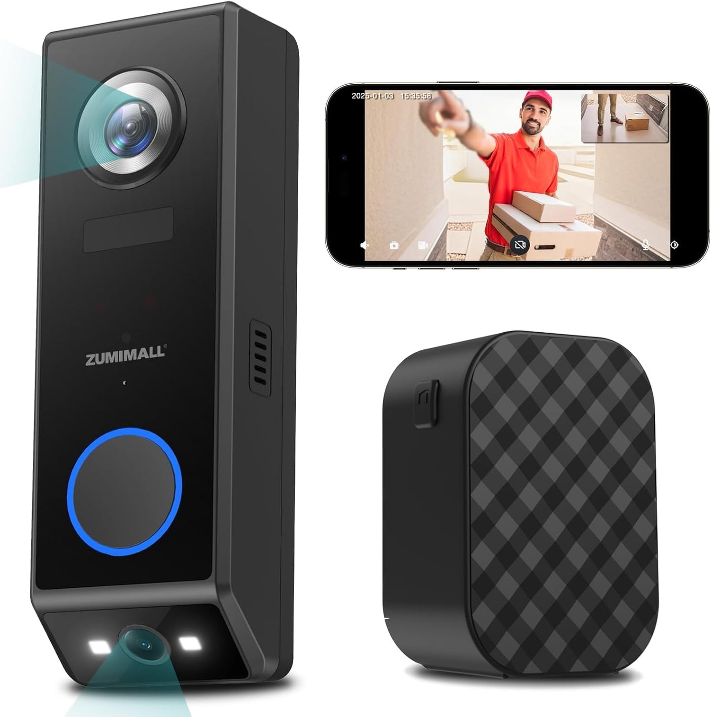 ZUMIMALL 2K HD Dual Lens Doorbell Camera- No Monthly Fees!