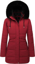 Women's Long Puffer Coat with Detachable Faux Fur Hood - Warm Parka