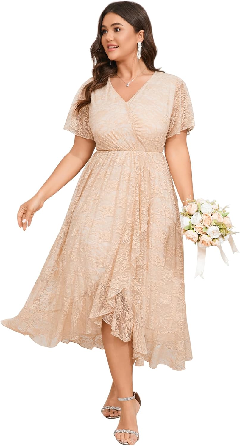 SCOMCHIC Plus Size Wedding Guest Dress with Lace and Ruffles