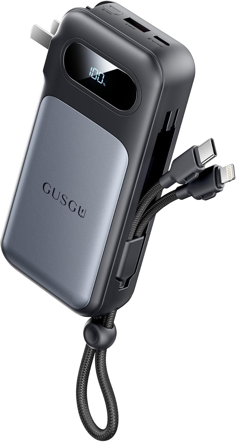 Ultra-Portable 10000mAh Airline Power Bank with Lightning/USB C Cable