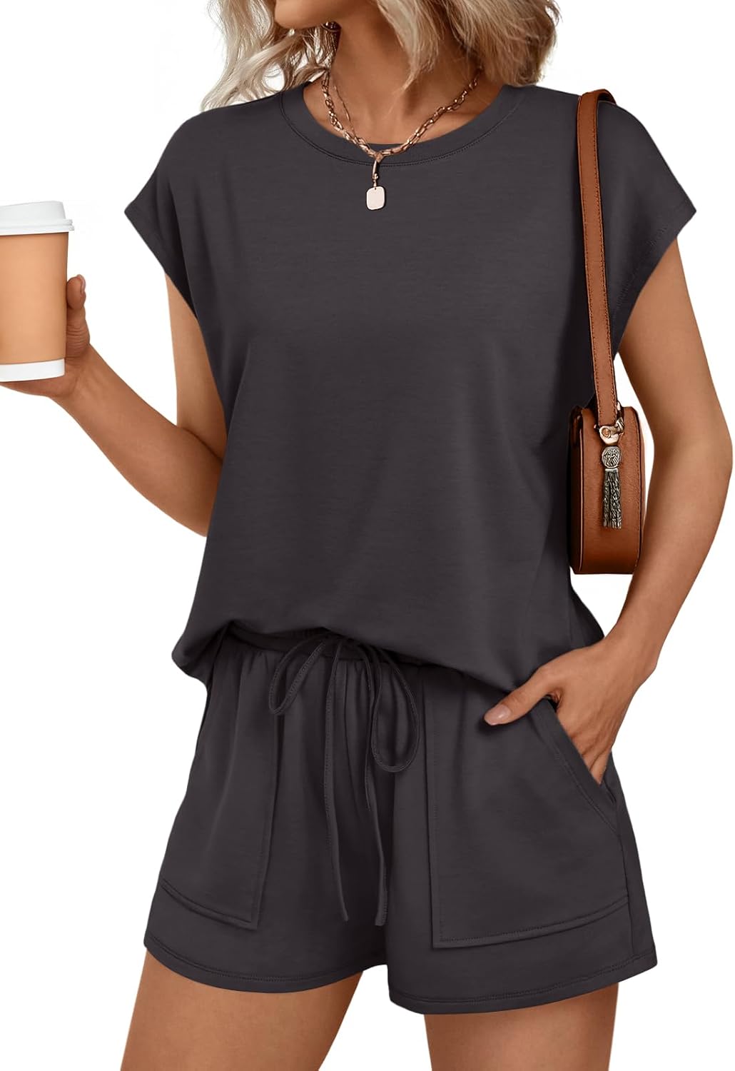 AUTOMET Womens Crew Neck Two Piece Short Sets for Summer Fun