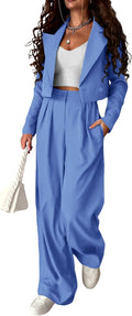 Business Casual 2 Piece Cropped Blazer and Wide Leg Pants Suit Set