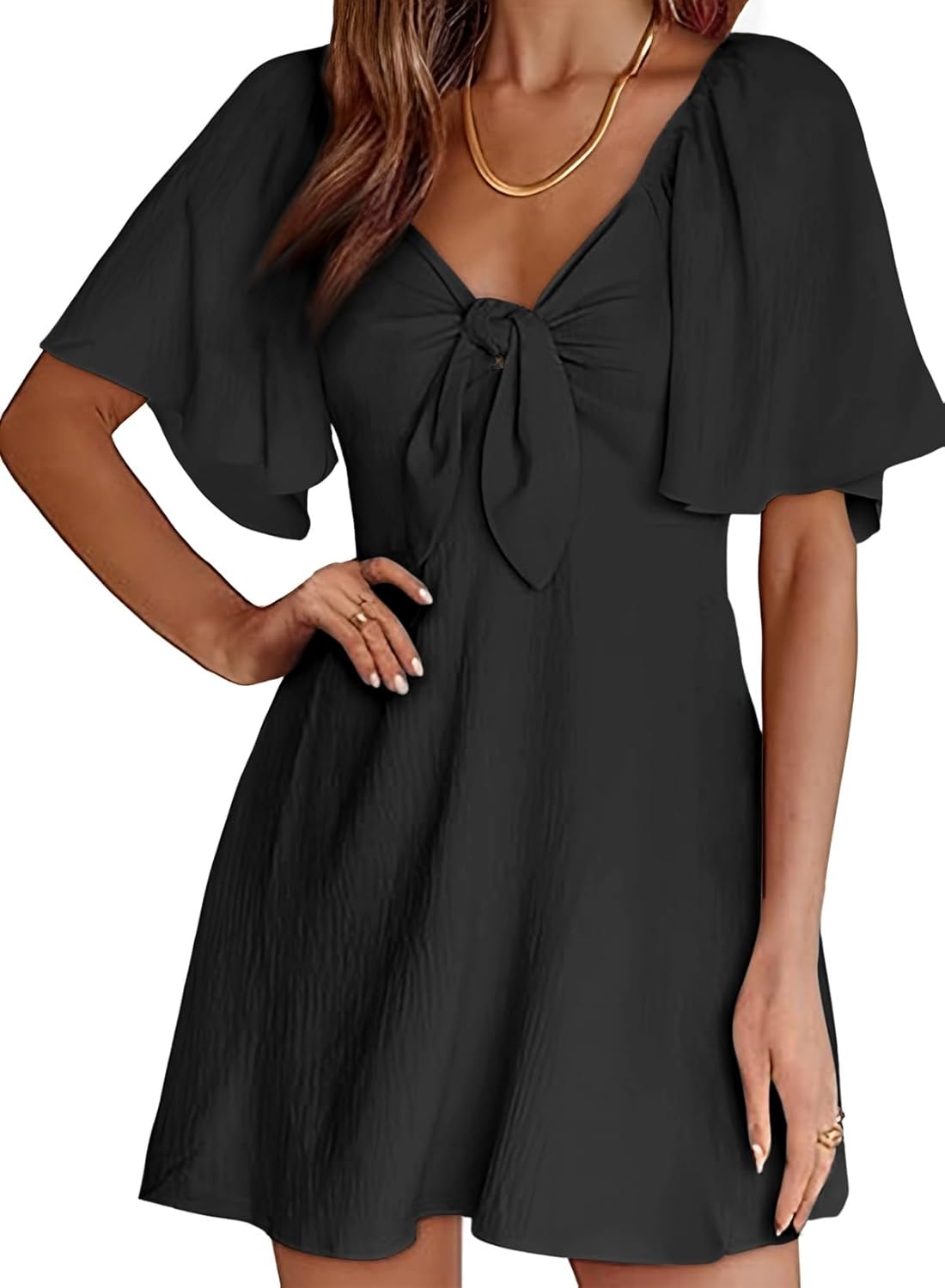 Dokotoo Womens Dresses Deep V Neck Elegant Bow Tie Mini Dress