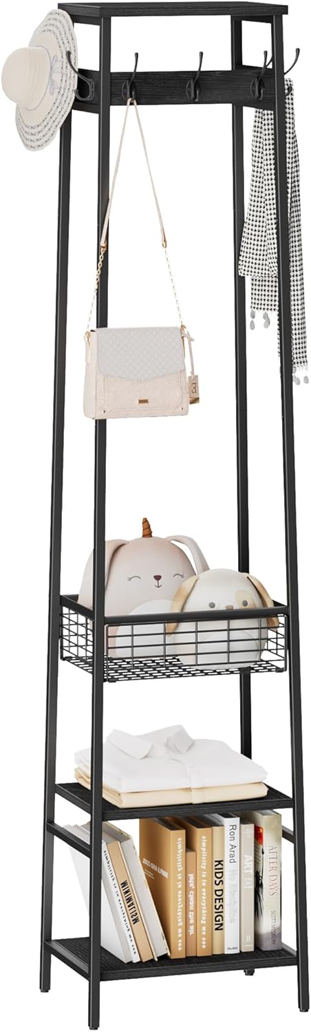 Freestanding Coat Rack with Metal Basket and Storage Shelves