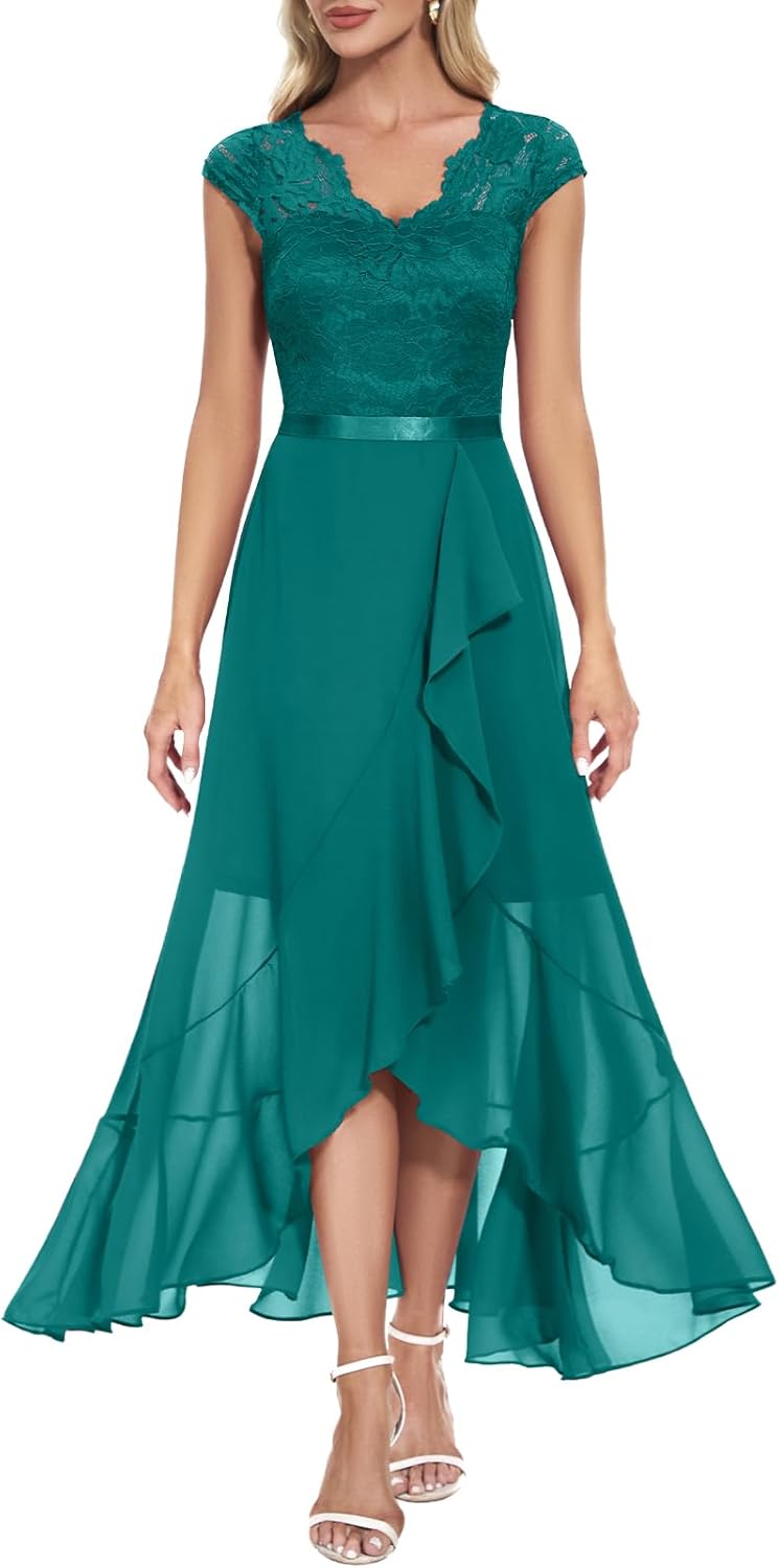 Elegant V-Neck Hi-Lo Floral Lace Dress for Wedding Guests