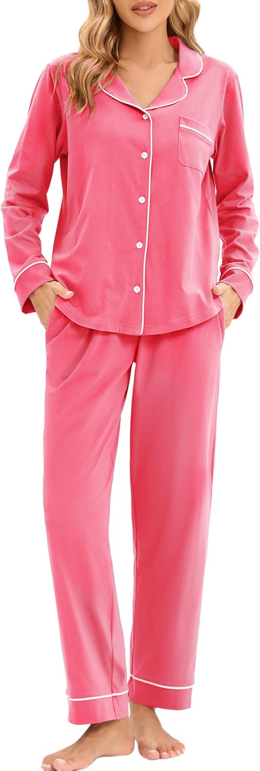 LUBOT 100% Cotton Pajamas for Women Soft Button-Down Set
