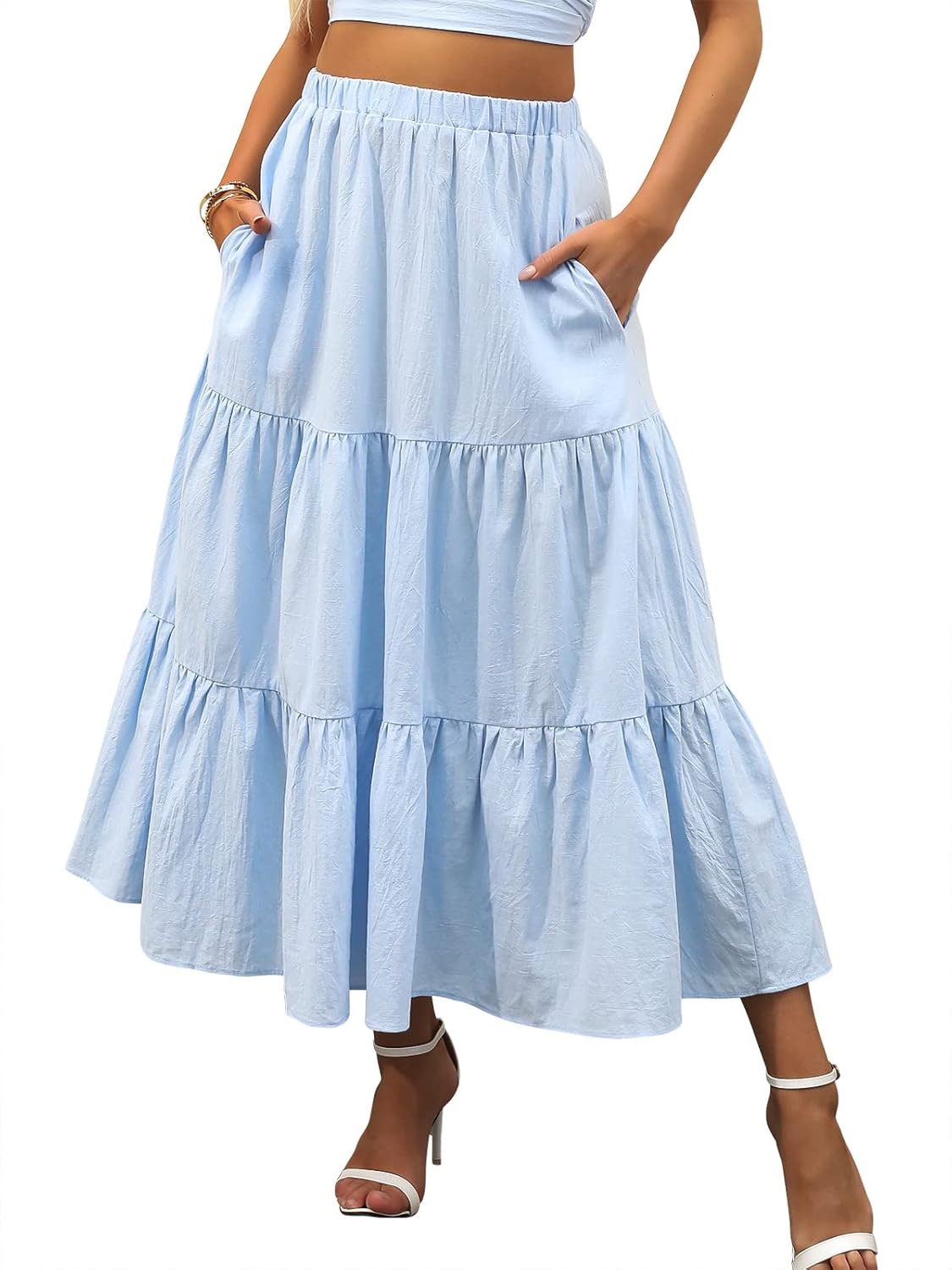 Womens Summer Boho Flowy Swing Tiered A-Line Maxi Skirt