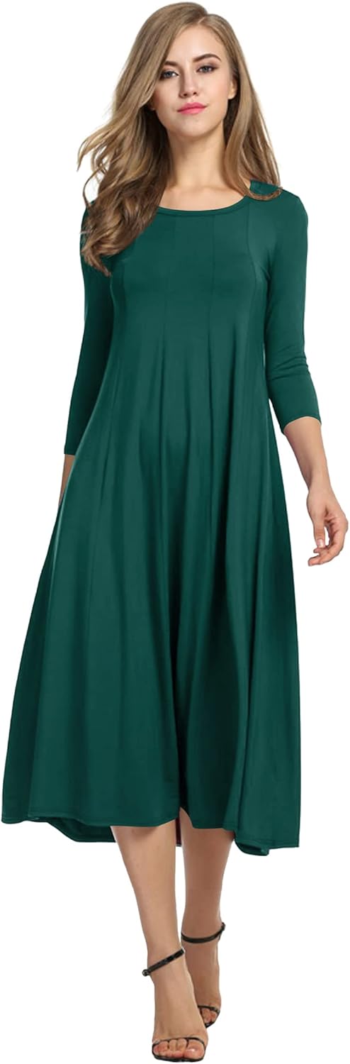 HOTOUCH Women's 3/4 Sleeve A-line Midi Long Dress for Elegance