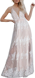 Womens Deep V-Neck Embroidered Lace Mesh Long Wedding Dress - Elegant