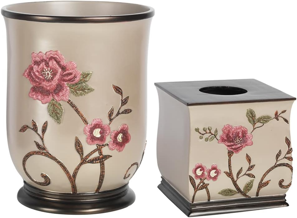 Larrisa Floral Bathroom Accessories Set - Waste Basket & Tissue Box