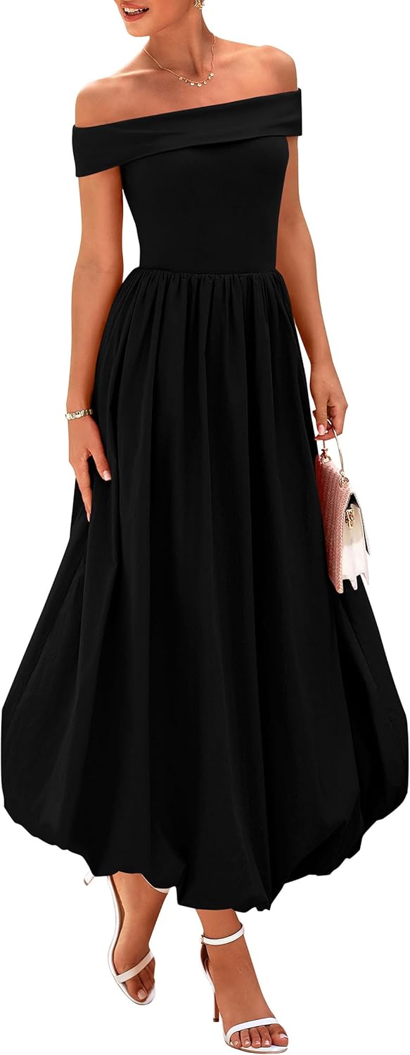 PRETTYGARDEN Womens Summer Off Shoulder Midi Dress with Pockets