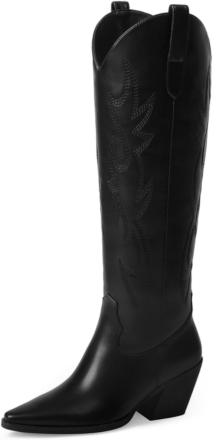 iiimmu Cowgirl Boots Women Knee High Stylish Block Heel Boots
