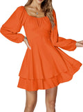 Women's Lantern Long Sleeve Wrap Tie Back Square Neck Mini Dress