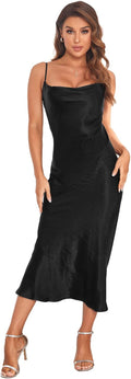 Women's Spaghetti Strap Midi Satin Slip Dress - Cowl Neck Sexy Evening
