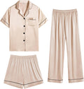 SWOMOG Womens Silk Satin Pajama Sets 3Pcs - Soft Short Sleeve