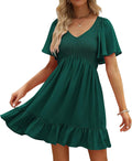 LILLUSORY Flowy Casual Mini Dress - Smocked V Neck, Pockets