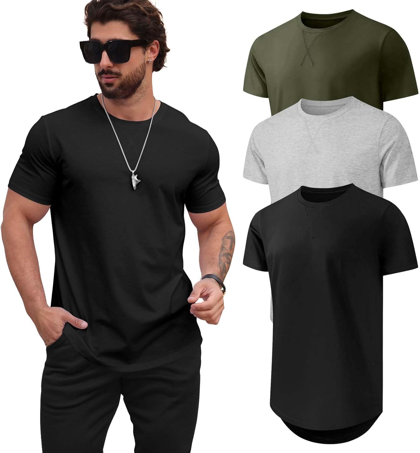 Mens T Shirts Casual Hipster Longline Crewneck Tee Shirts