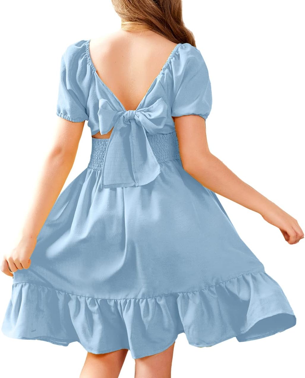 Arshiner Girls Tie Back Short Sleeve Ruffle Hem Dresses