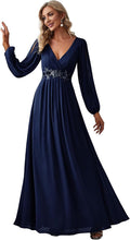 V Neck Long Lantern Sleeve Chiffon A-Line Formal Dress - Elegant Fall