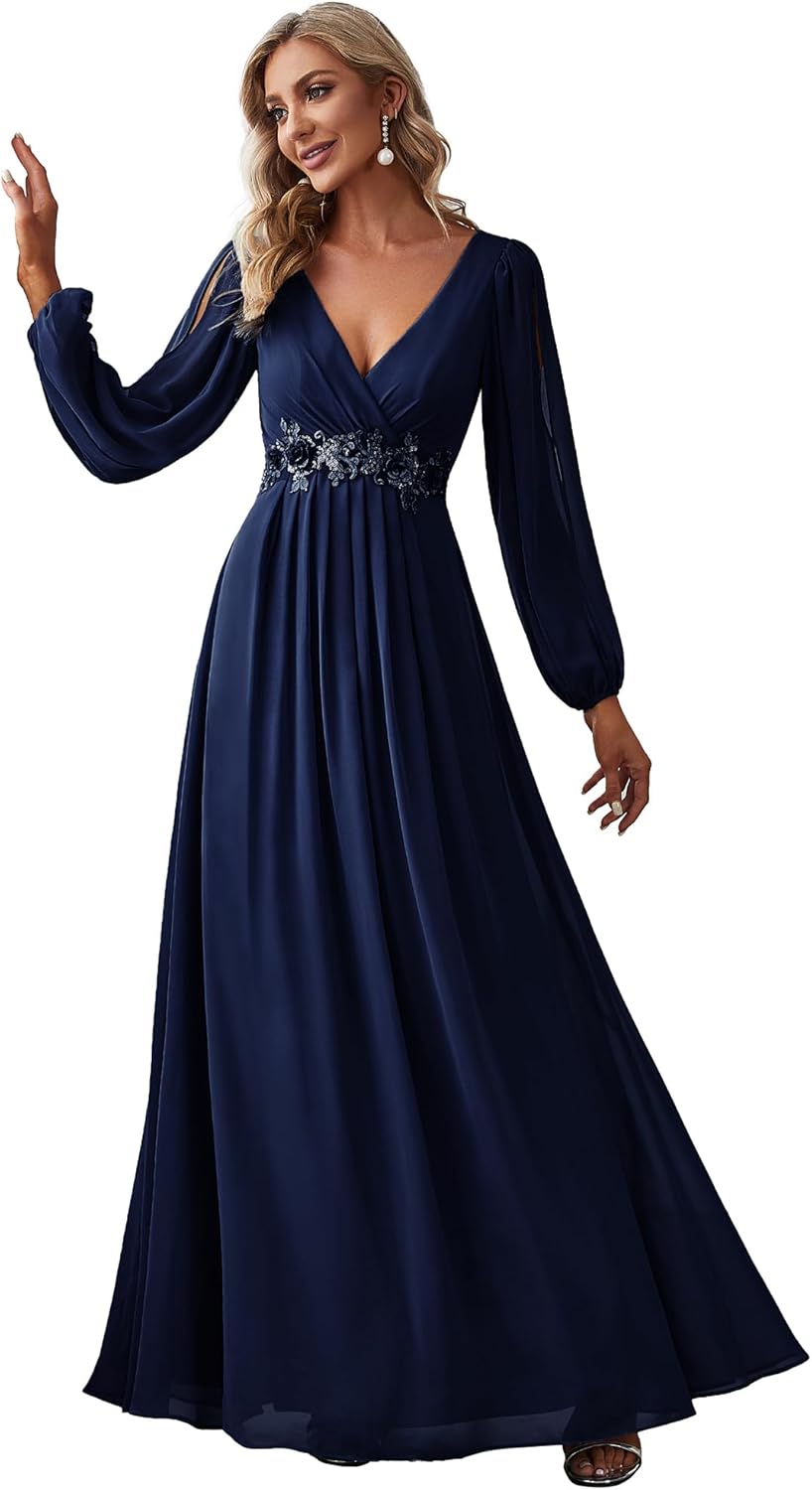 Elegant V Neck Long Lantern Sleeve Floor Length Dress