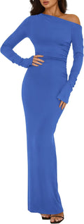 One Shoulder Long Sleeve Bodycon Maxi Dress - Ruched Evening Wear