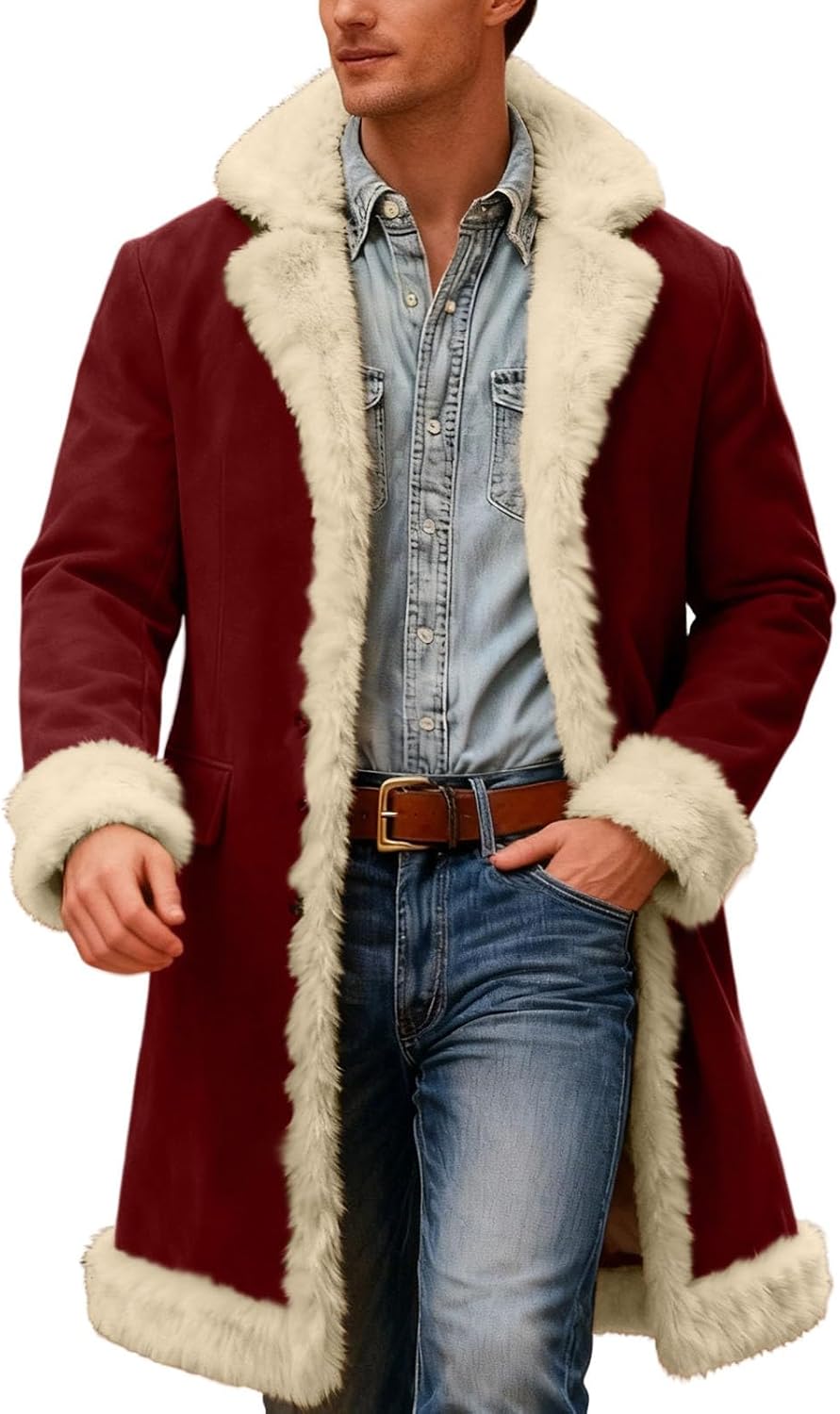 Men's Santa Coat Fleece Lined Long Cardigan for Christmas Fun