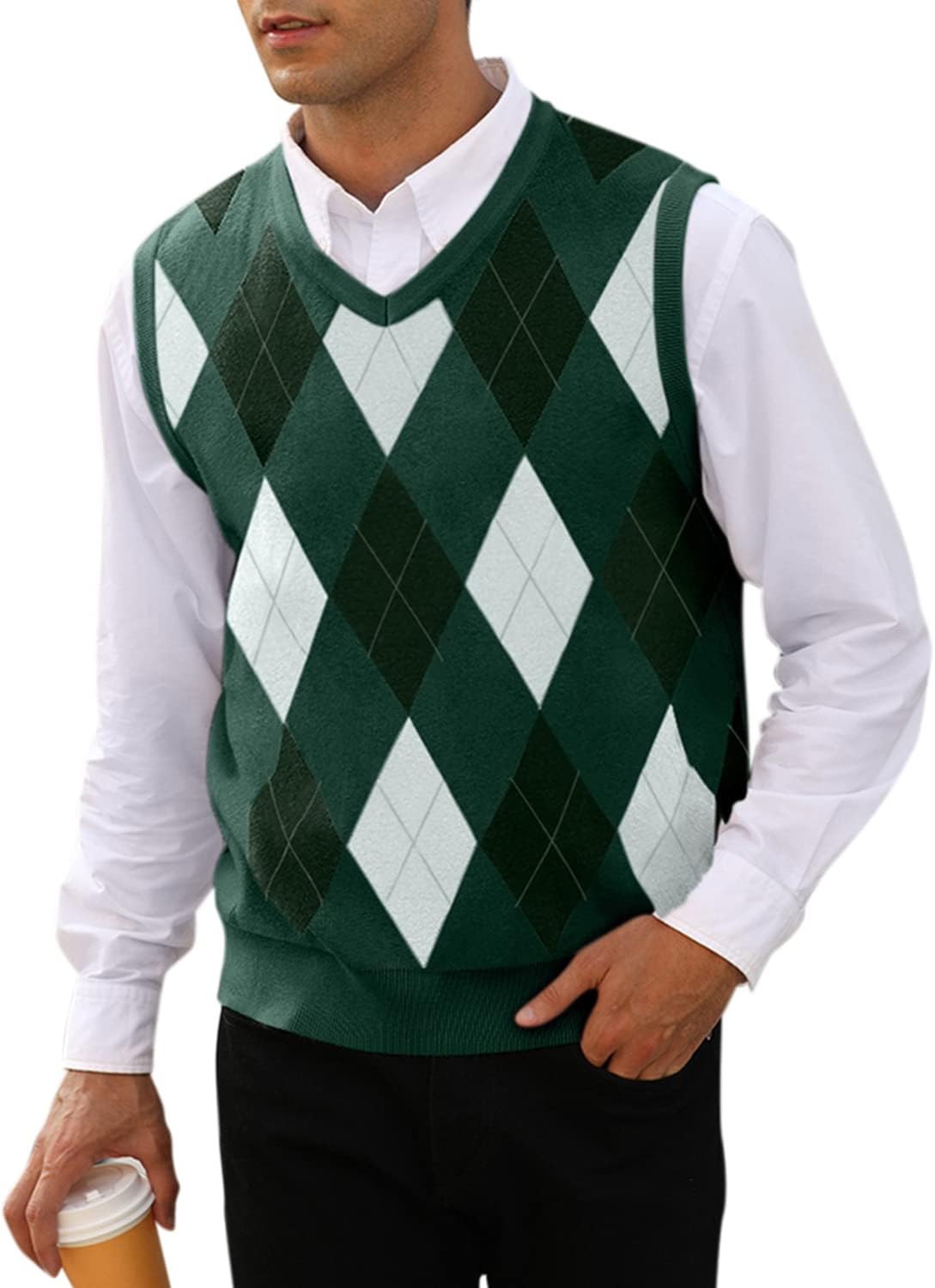 Mens Argyle Knitwear Vest V Neck Sleeveless Casual Slim Fit