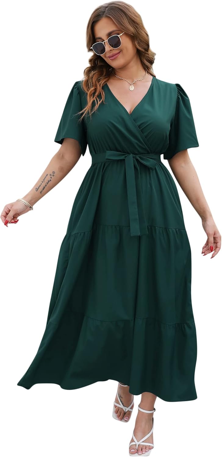 Plus Size V Neck Wrap Maxi Dress for Women with Ruffles