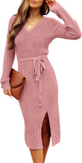 Women's Long Sleeve Bodycon Sweater Dress with Belt - V Neck Cable